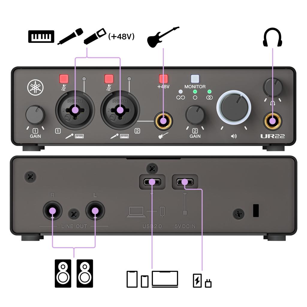 Yamaha UR22MK3 B USB 2.0 Audio Interface, 24-bit/192kHz, 2-in/2-out, Loopback Function, for Music Production, Recording, and Streaming, Black