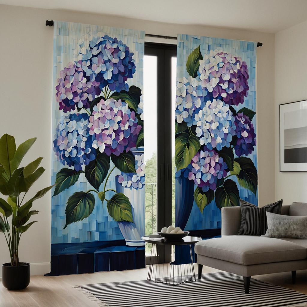 Hd Decorative Curtain Blue Purple Hydrangea Tie Digital Printed Home Decor Style Decorate Living Room Bedro Curtains Set Of 2 Made Polyester Sitting