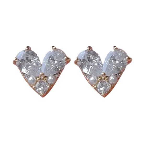 Rhinestone Heart Ear Studs Artificial Diamonds Love Heart Stud Earrings with Faux Pearls Sparkling Cute Studs for Women Girls Dating Party