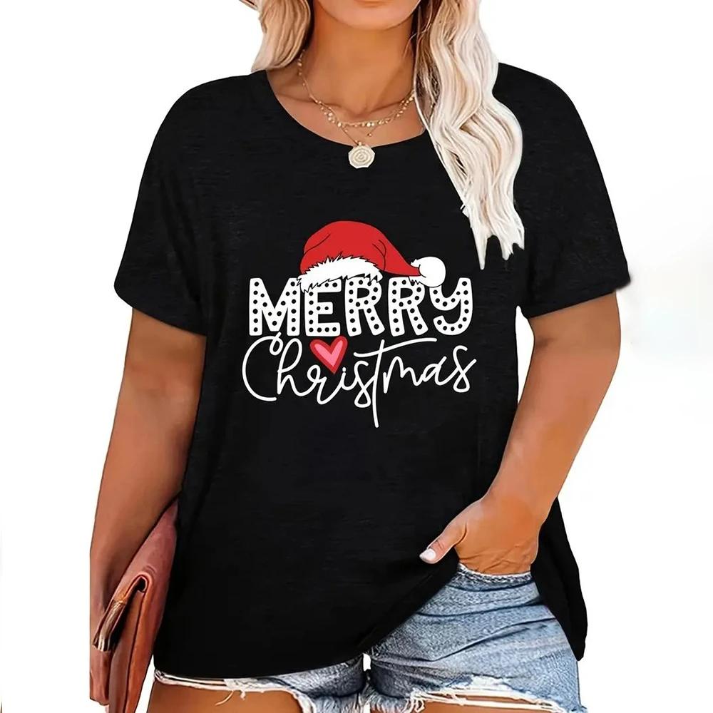 Christmas T Shirts Women's Cartoon Santa Claus Print Tops Tees Short Sleeve O-Neck Casual Party Clothing Oversized Ladies Tops