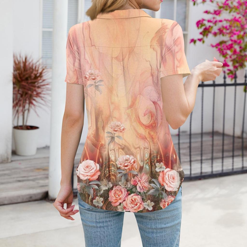 Dam Skjortor Sommar Business Casual Arbets Toppar Kort Ärm Knäppning Krage V-ringad Blus T-shirt
