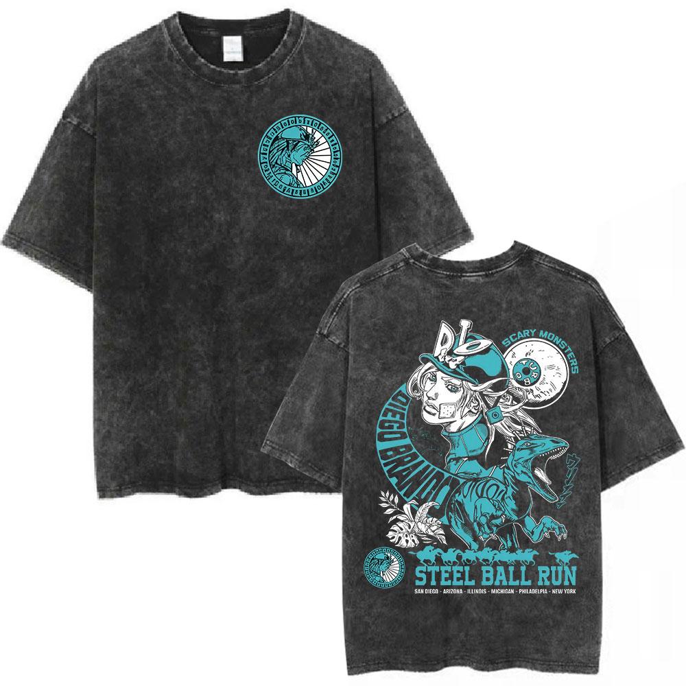 Vintage Washed Anime Jojo Bizarre Adventure T-shirt Giorno Giovanna Manga Graphic T-shirts Men's Clothing Cotton Casual T Shirts