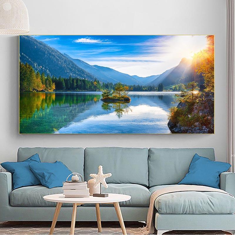 Landschaft Herbst Sonnenaufgang See Alpen Berg Wald Leinwand Malerei Poster und Drucke Wand Kunst Bilder Home Decor kein Rahmen kein Rahmen