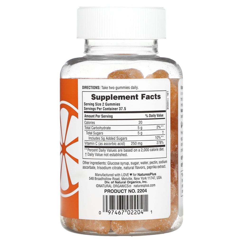 NaturesPlus, Vitamin C gummies, orange, 250mg, 75 gummies (125mg per gummy)