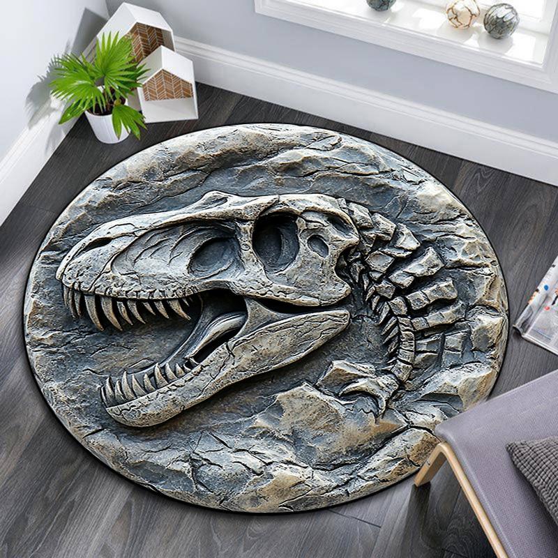 Runder Teppich mit Dinosaurierschädel, Teppich für Wohnzimmer, Schlafzimmer, Sofa, Spielzimmer-Dekoration, Rutschfeste Bodenmatte