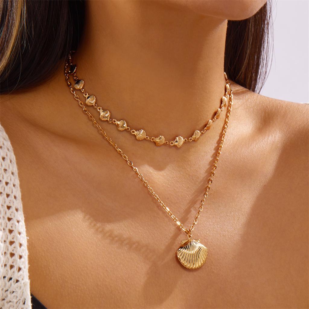 Classic Gold Color Metal Shell Beaded Necklace for Women Bohemia Double Layer Scallop Pendant Choker Summer Beach Jewelry Gift