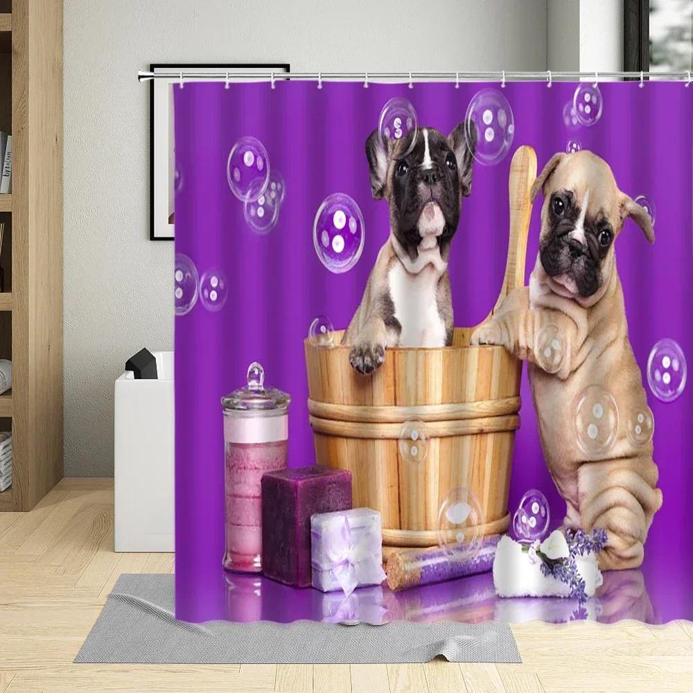 PDPFunny-Rideau de douche à motif de chien chiot, tissu polyester imperméable,décoration d'intérieur avec crochets, créatif