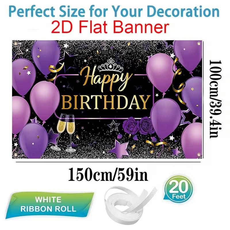 2D Flat Banner Birthday Backdrop Purple Black Gold for Women & Girls Themed Party Photos