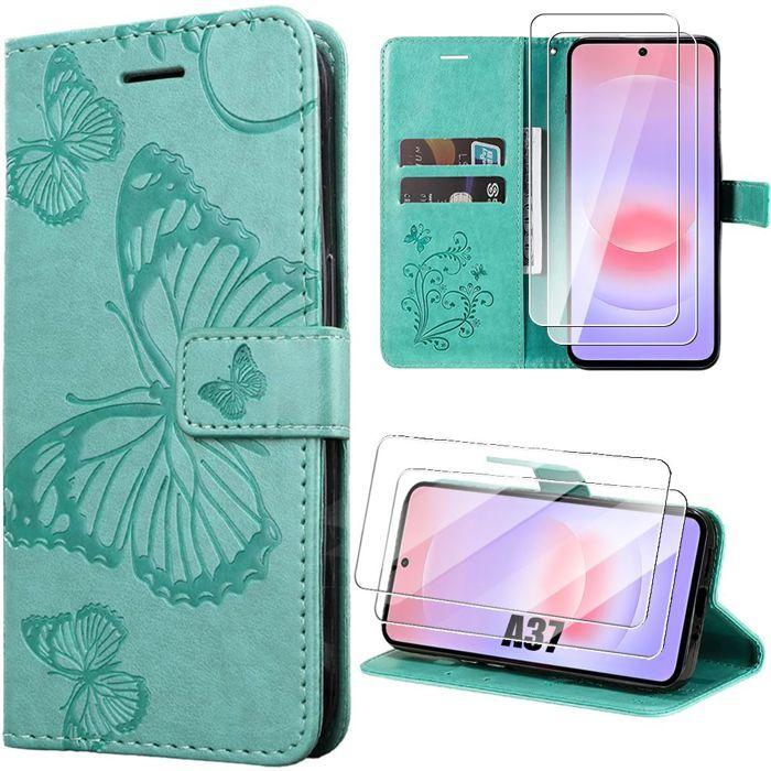Coque Synthécuir - BOOLING - pour Samsung Galaxy A37 5G - Protection Motif Papillon Vert - 2 Vitres