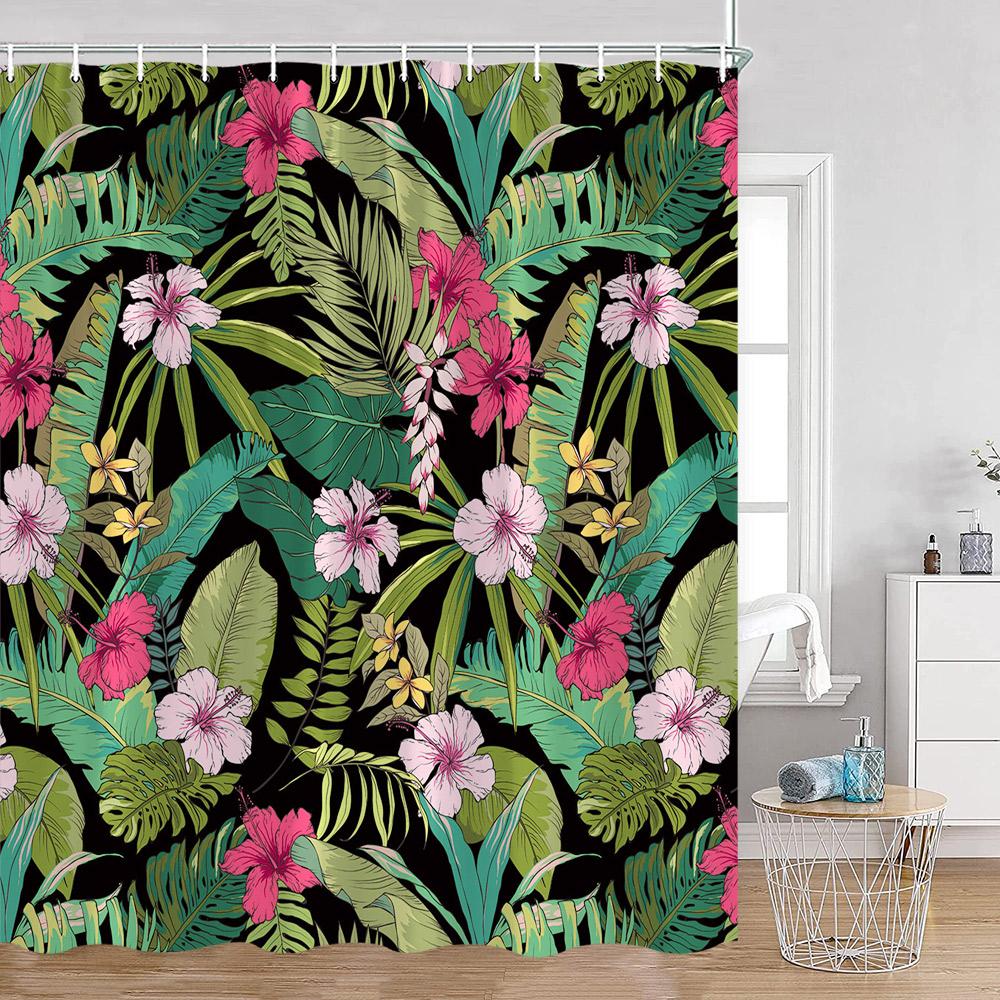 Tropical Leaves Shower Curtain Green Leaf Monstera Palm Flowers Floral Bathroom Curtains Greenery Bath Decoration with Hooks