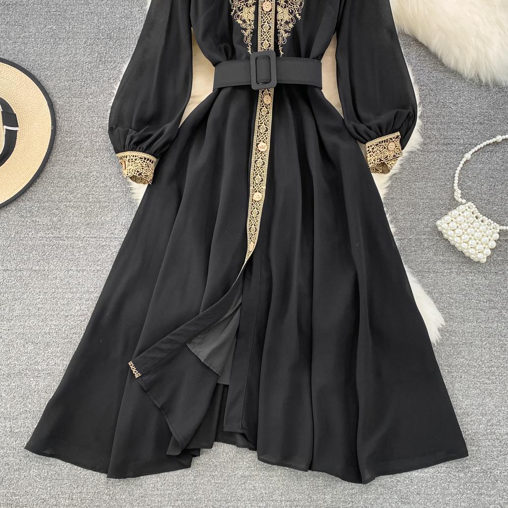 Sweet Style Women's Long-sleeve Embroidery Patchwork Single-breasted High Waist A-line Dress Autumn New Dresses SN3859