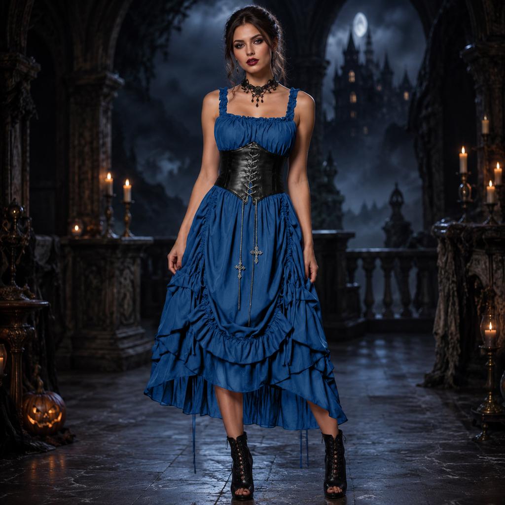 Women's Gothic Dress and Necklace Set for Halloween Party, Corset Belt Not Included