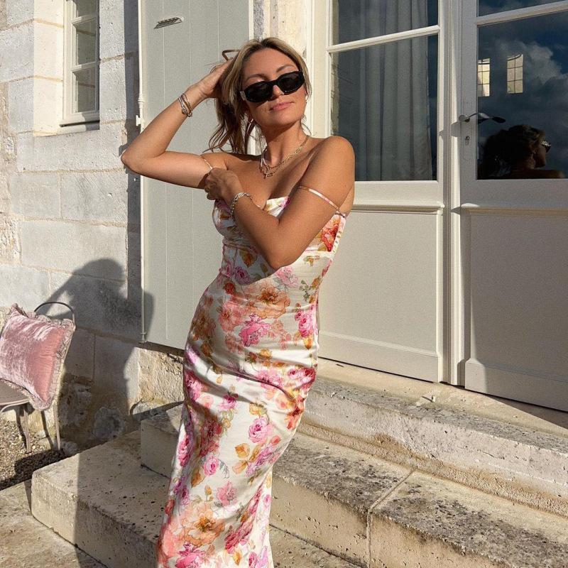 2024 Summer European & American Style Women's Printed Slim Backless Dress