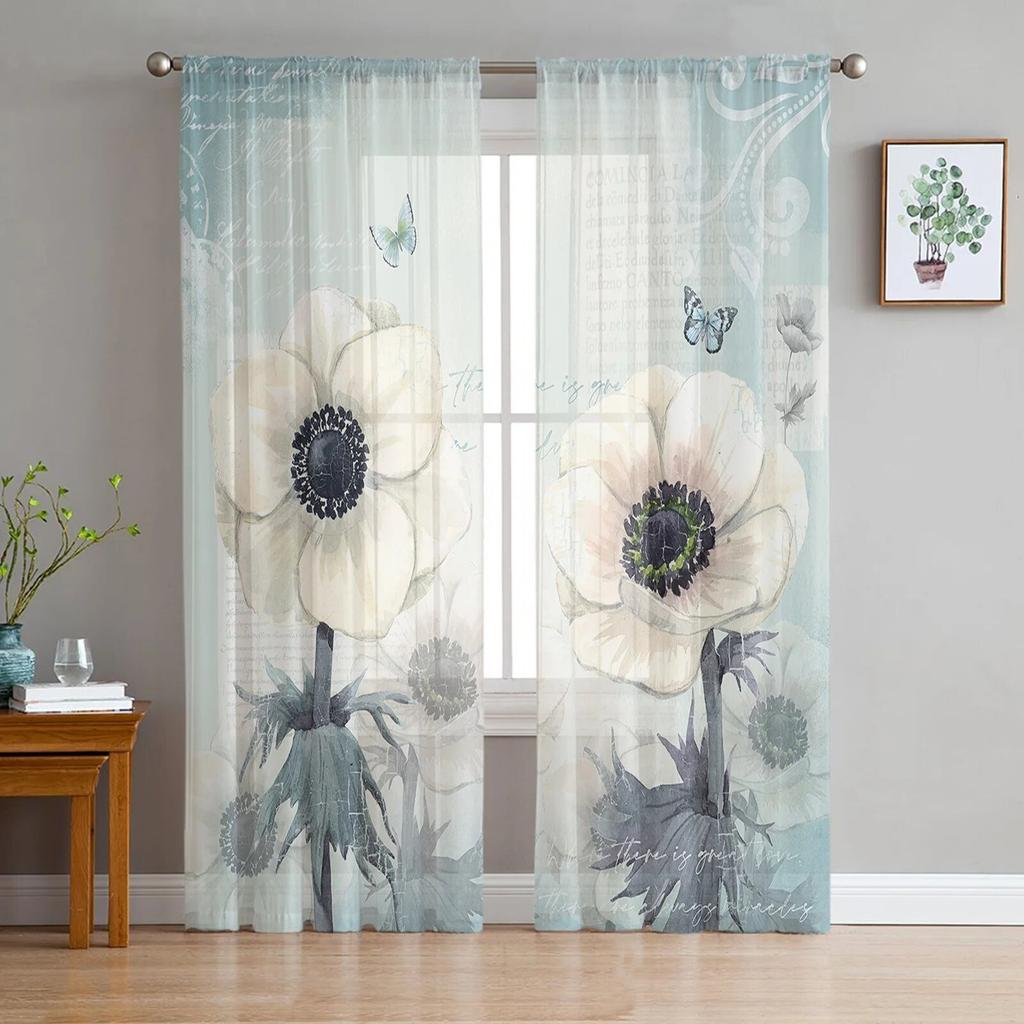 Lila, blau und weiß, lila Blumen, transparente Vorhänge für Wohnzimmer, Fenster, transparenter Voile-Tüll-Vorhang, Schlafzimmer-Vorhänge
