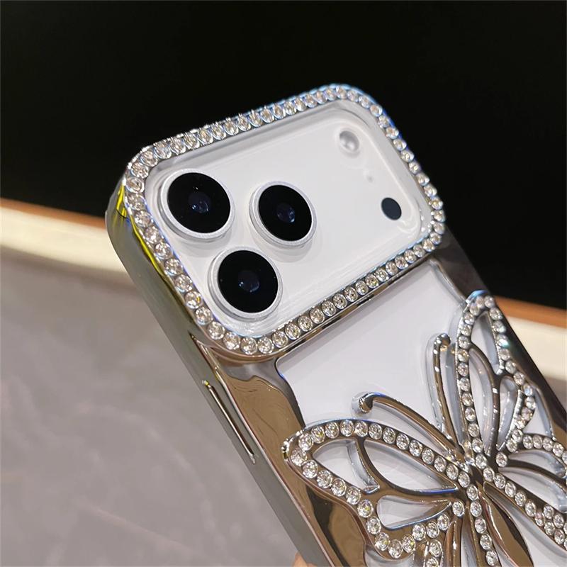 Coque de téléphone de luxe en TPU plaqué avec papillon en diamant pour iPhone 17 16 15 14 13 12 11 Pro Max Plus Antichoc Découpe Coque Dure
