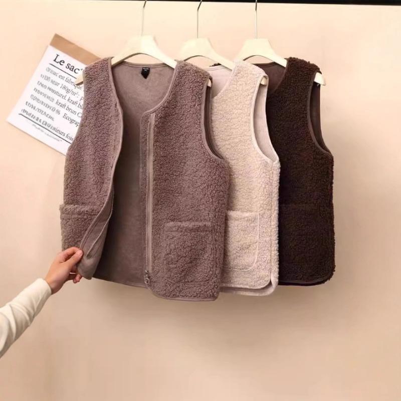 Autumn and Winter Warm Lamb Wool Fleece Granular Fleece Simple Loose Vest Versatile Outer Wear Fur Integrated Zipper Vest