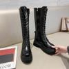 Fashion Boots  Female High Platform Gothic Shoes Black Leather Boot Lace Up Women Knee High Boots Simple Autumn Winter Shoes