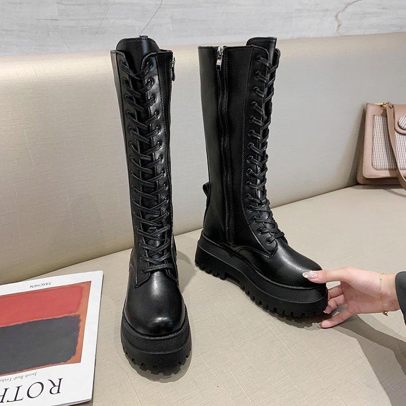 Fashion Boots  Female High Platform Gothic Shoes Black Leather Boot Lace Up Women Knee High Boots Simple Autumn Winter Shoes