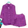 2 Pcs/Set Women Shirt Shorts Set Solid Color Loose Long Sleeves Elastic Waist Single-breasted Patch Pockets Irregular Hem Lapel Casual