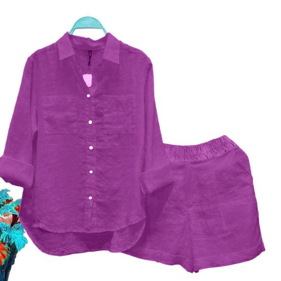 2 Pcs/Set Women Shirt Shorts Set Solid Color Loose Long Sleeves Elastic Waist Single-breasted Patch Pockets Irregular Hem Lapel Casual