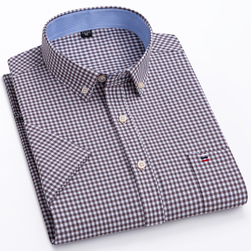 Men's Fashion Versatile Short Sleeve Oxford Shirt Single Chest Pocket Regular-fit Comfortable Pure Cotton Plaid Striped Casual Shirts