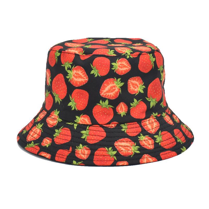 Wendbare Erdbeerfrucht-Print-Eimerhüte Damen Herren Sommer Outdoor Sonnenschutz Fischerhut Damen Angeln Sonne Panama Hip Hop