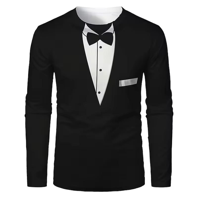 Camiseta con estampado 3D de esmoquin de traje realista para hombre, camiseta de manga larga informal de moda, sudadera, camiseta de calle transpirable