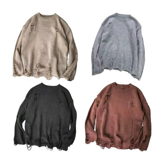 Men Fall Winter Sweater Ripped Hole Solid Color Round Neck Knitted Retro Japanese Style Mid Length Loose Long Sleeve Soft Warm Pullover Men Sweater