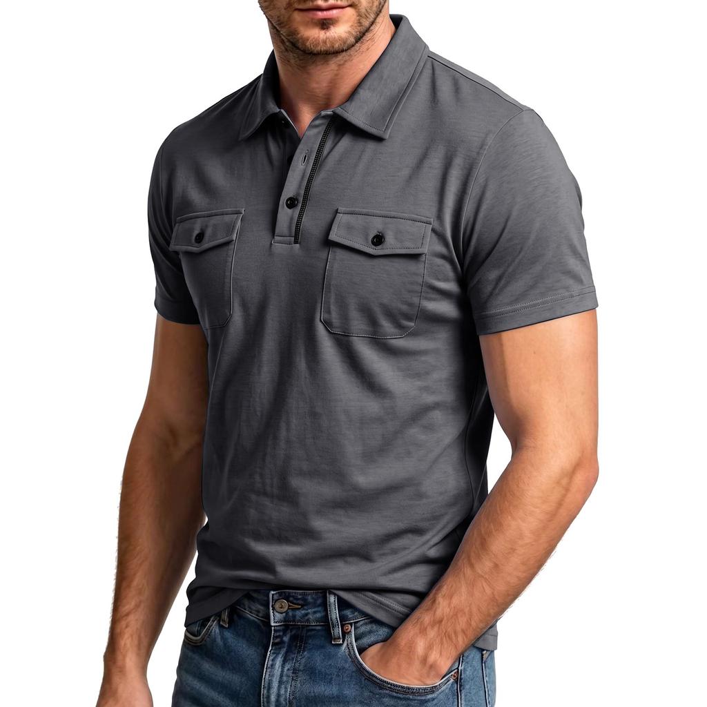 Men Short Sleeve Casual Shirt with Dual Chest Pockets Button Front Lightweight Breathable Slim Fit Top for Daily Wear