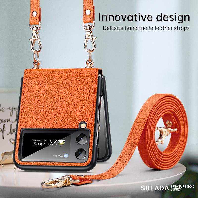 For Samsung Galaxy Z Flip 3 5g (2021 )Case ,With Strap Lanyard Crossbody ,Leather Protective Phone Cover With Shoulder Strap