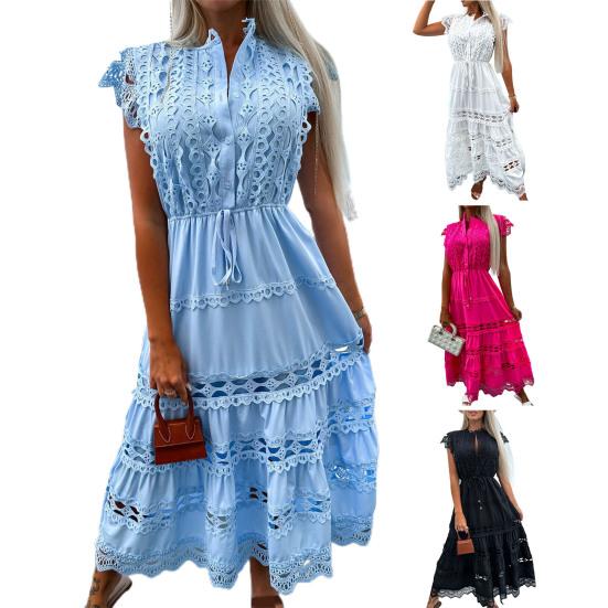 Women Party Dress Solid Color Sleeveless Lace Stitching Hollow Out Temperament Dress Up Double Layers Tight Waist Women Prom Dress Female Clothing