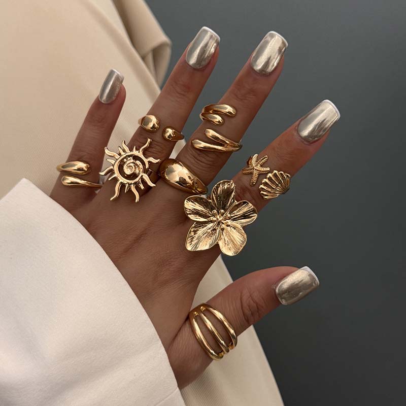 Vintage Gold Color Shell Flower Open Rings Set for Women Exaggerated Metal Geometric Personality Finger Rings Party Jewelry