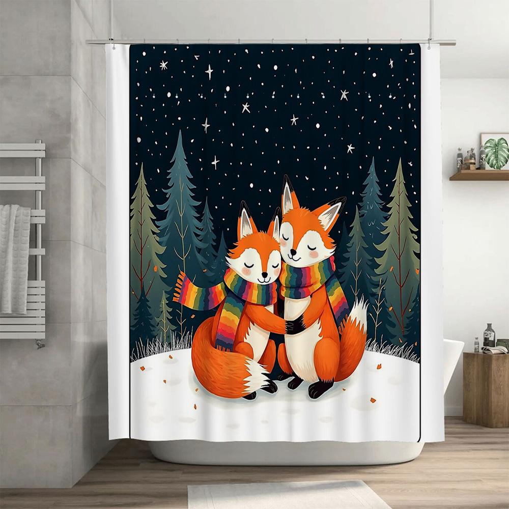 Foxes Winter Forest Shower Curtain Woodland Animal Nature Decor Bathroom Set Cozy Home Vibes Rustic Farmhouse Style Gift