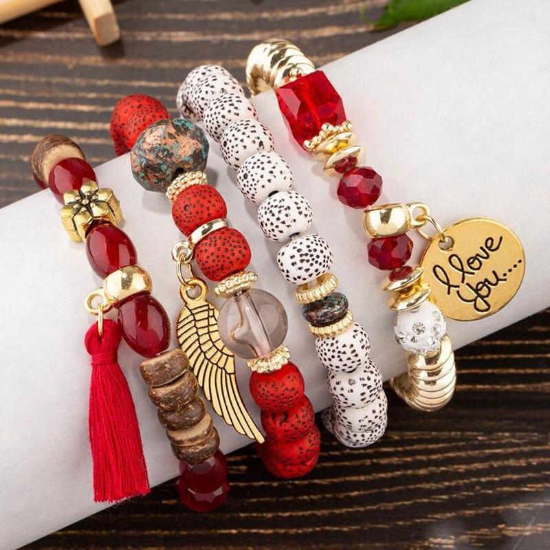 4 stks/set Boho Elastisch Touw Kwastje Armbanden Verklaring Hars Kristal Steen Handgemaakte Kralen Armbanden Armbanden Fashion Party Sieraden