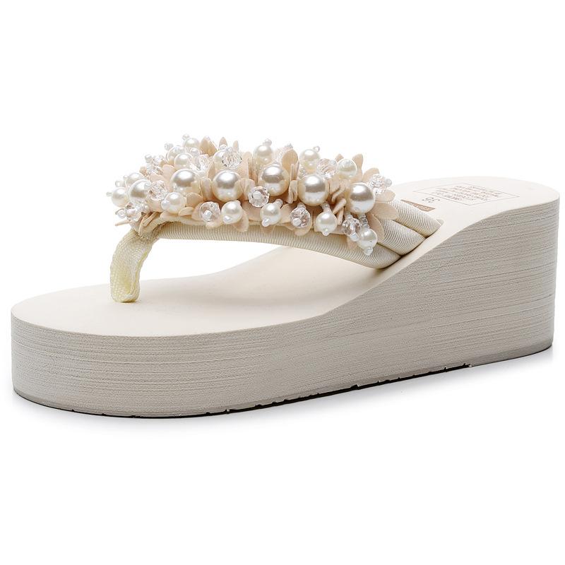 Damen Zehentrenner Mode Keilabsatz Plateau Sandalen Luxuriöse Perlenverzierung Damen Hausschuhe Outdoor Freizeit Strandpantoffeln für Damen