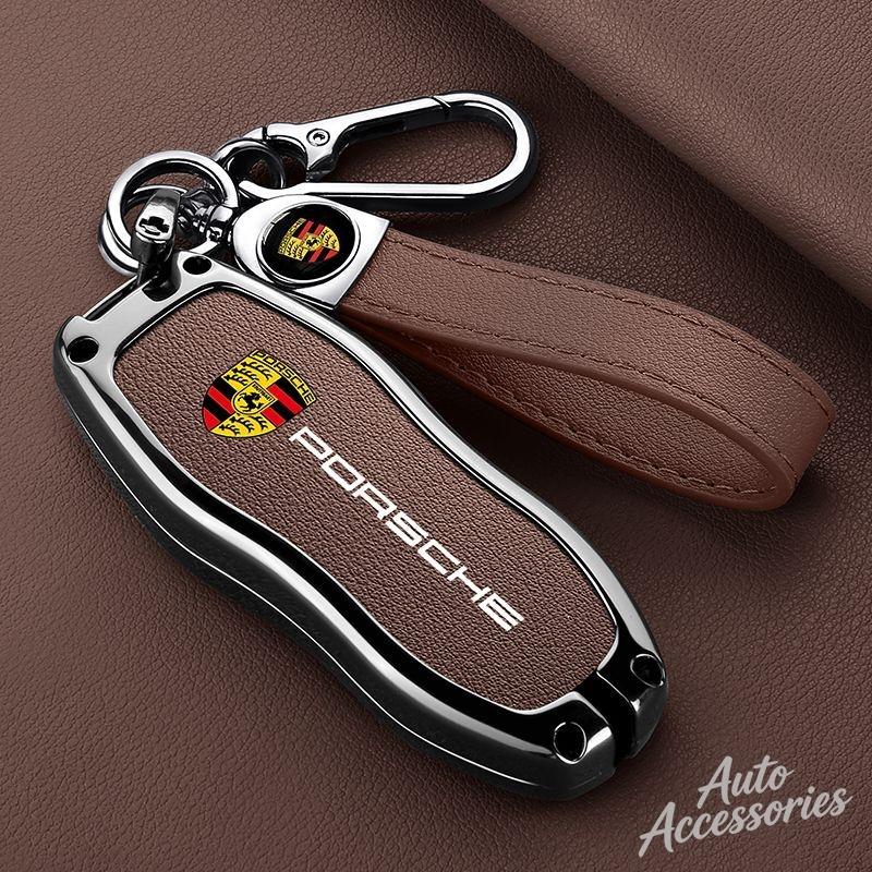 For Porsche MO8Leather Car Key Case Cover Alloy Key Protector Shell For Porsche Macan Cayenne Panamera 718 Boxster Cayman Spyder STICKER