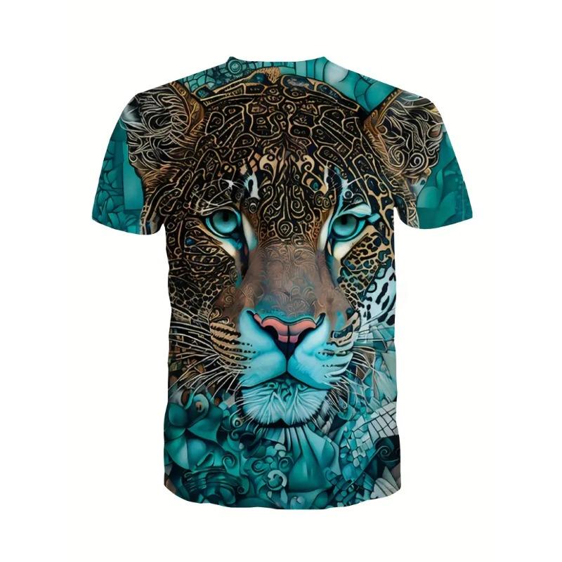 Men's T-shirt Men's fashion leopard print animal print casual short sleeved round neck T-shirt loose top
