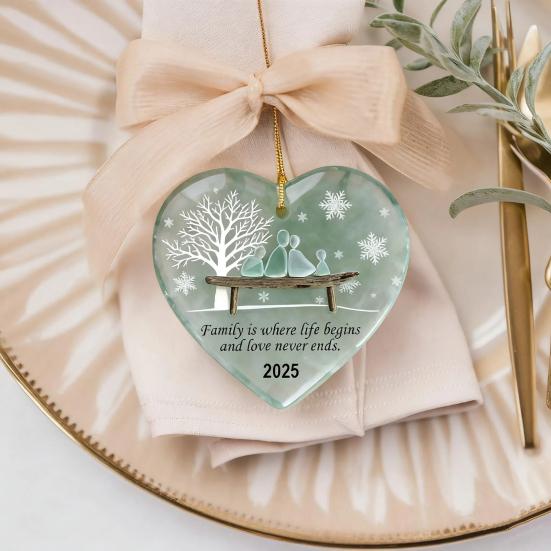Heart-Shaped Sea Glass Family Ornament Handmade Sea Glass Art Heart Ornament for Christmas Tree Home Decor