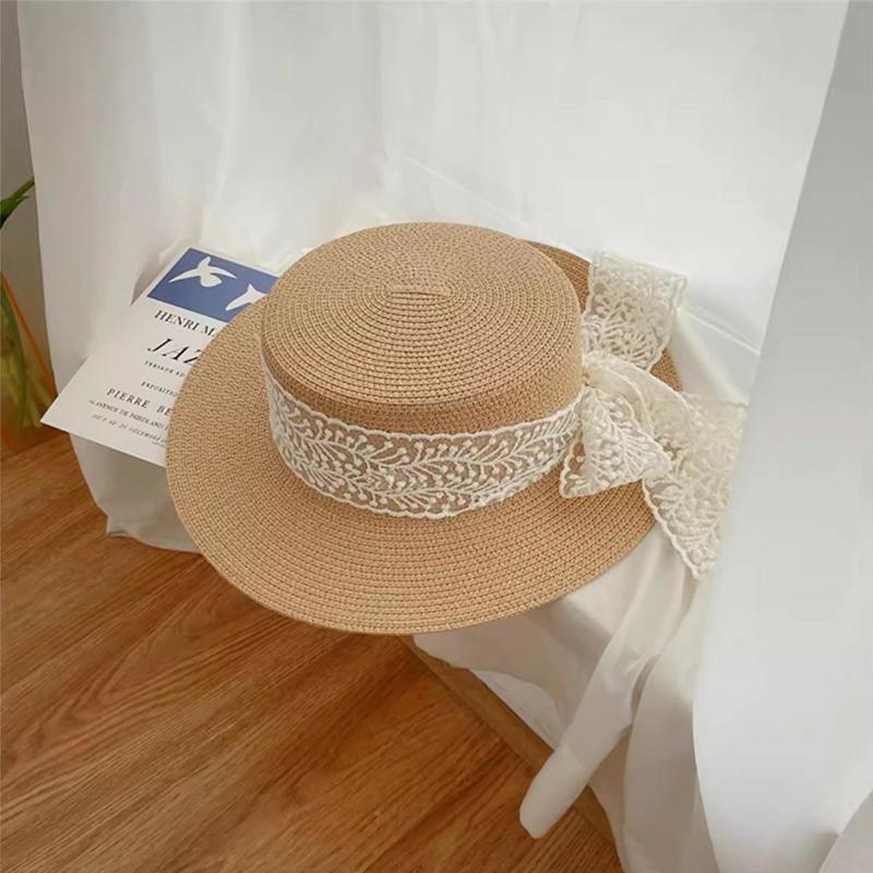 Summer Beach Straw Hat For Women Lace Bow Wide Brim Sun Protection Hat Travel Fashion Vacation Sunscreen Cap