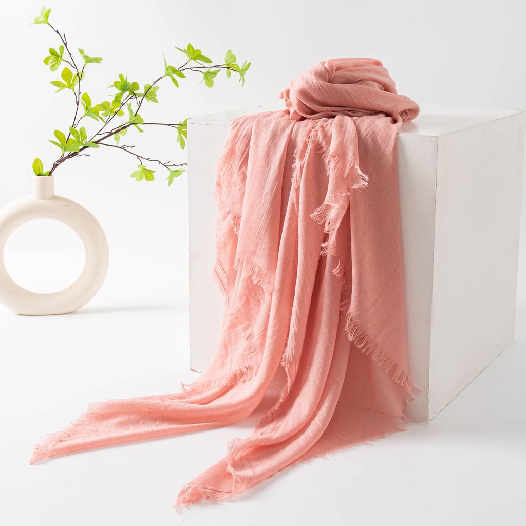 Pure Color Cotton-linen Scarf/cape, High-end Feel, Thin, Long, Versatile, Sun Protection, Casual, Simple Design with Slightly Frayed Edges.