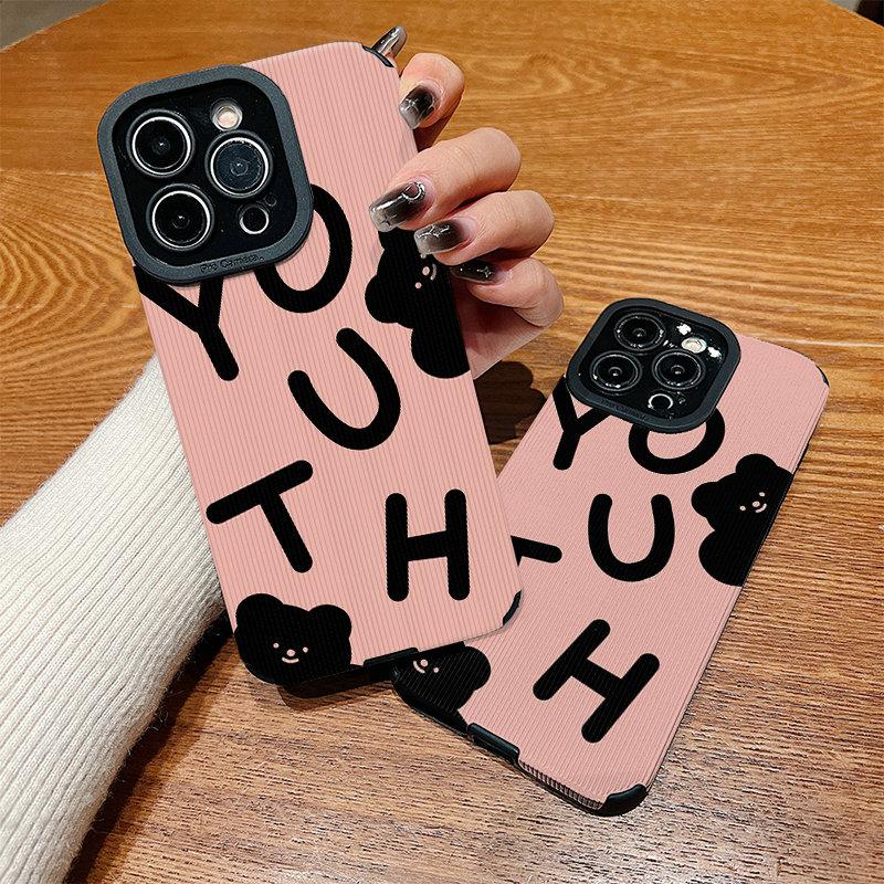 Vertical Leather Shell Youth Black Bear Printed Patterned Shockproof Soft Silicone Case with Camera Lens Full Protection for IPhone Samsung