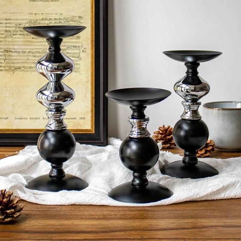 Schwarz-Silber Zweifarbig Metallkerzenständer, Set von 3 Moderne Säulenkerzenständer für Tischmitte Wohnkultur