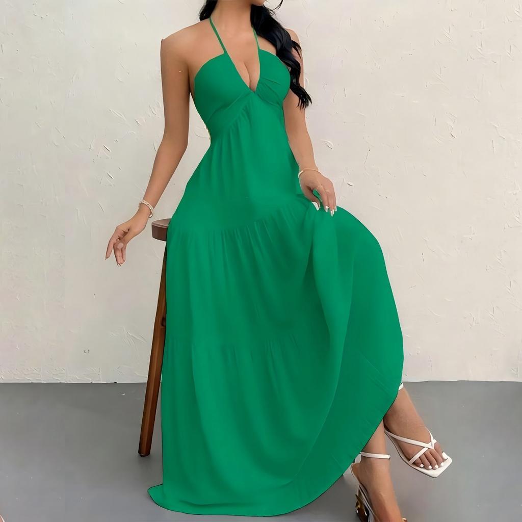 Women Sleeveless Halter Neck Maxi Dress Backless Strap Tie Summer Beach Casual Long Dress for Vacation and Leisure Wear