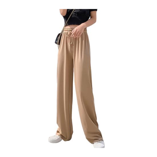 Dames Casual Broek Elastische Trekkoord Hoge Taille Wijde Pijpen Lange Broek Effen Kleur Dunne Vrijetijdsbroek