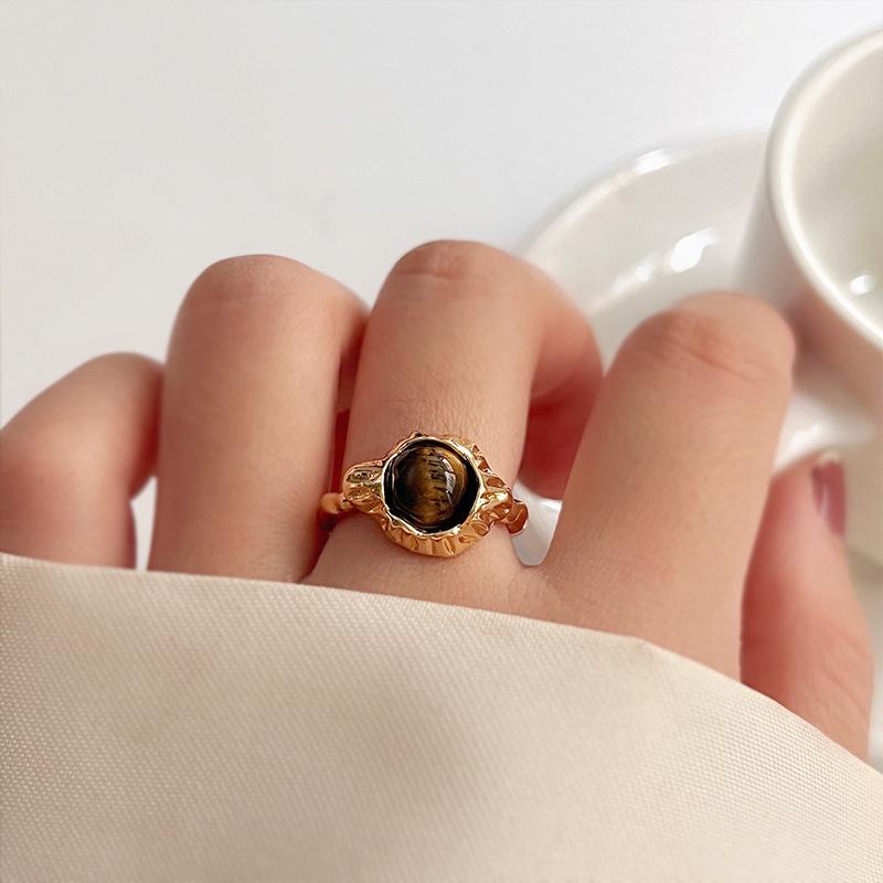 Retro Tiger's Eye Stone Finger Ring Brown Stone Rings for Women Opening Adjustable Gold Rings Jewelry Gifts