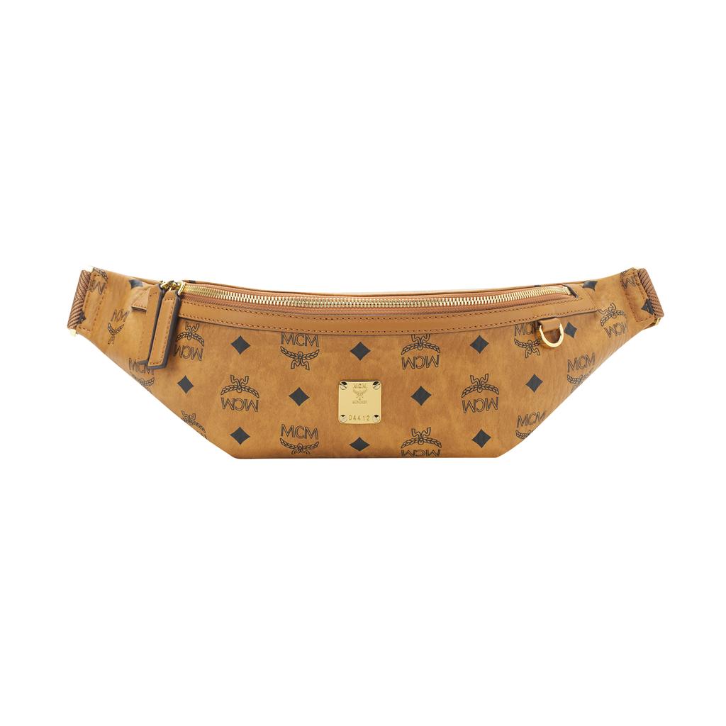 MCM Cognac Visetos Monogram Fanny Pack with Zip Closure & Gold Logo Plate for Daily & Street Style Use