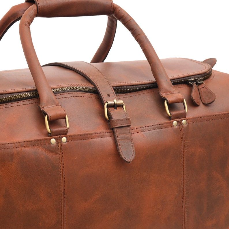 Handmade Brown Leather Duffle Bag: Personalized Weekender Travel Bag