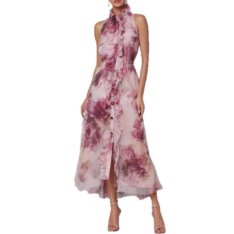 1116 Summer European and American Women's Clothing, Rose-printed Waist Dress, Casual Vacation Lace Dress