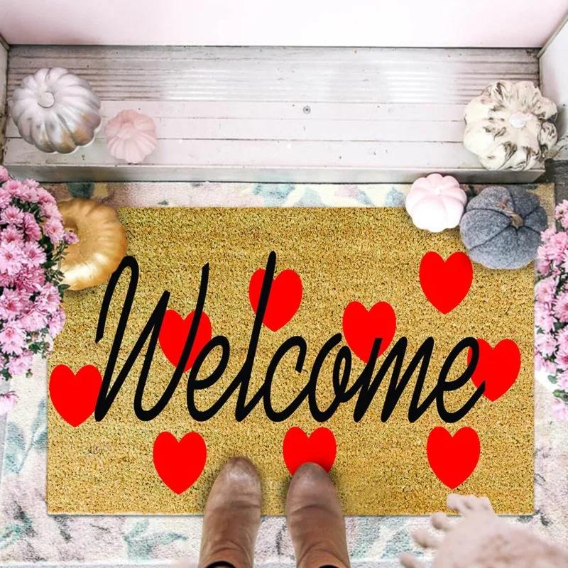 Valentines Day Heart Print Doormat Kitchen Floor Mat No-slip Washable Entrance Welcome Standing Mats Indoor Outdoor Decoration