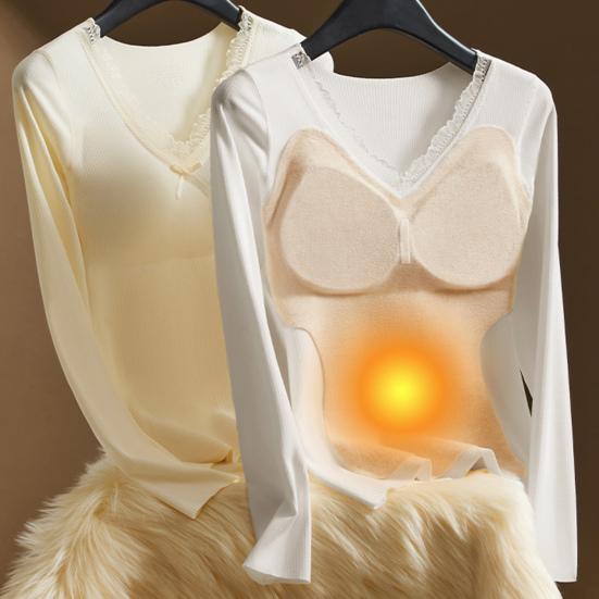Damen Unterzieh-Tops V-Ausschnitt Spitzenbesatz Langarm Slim Fit Thermische Tops Einfarbig Gepolsterte Innenschicht Winterhemd